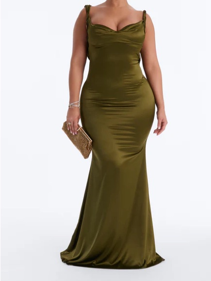 Olive Satin Cowl Neck Evening Gown Prom Dress